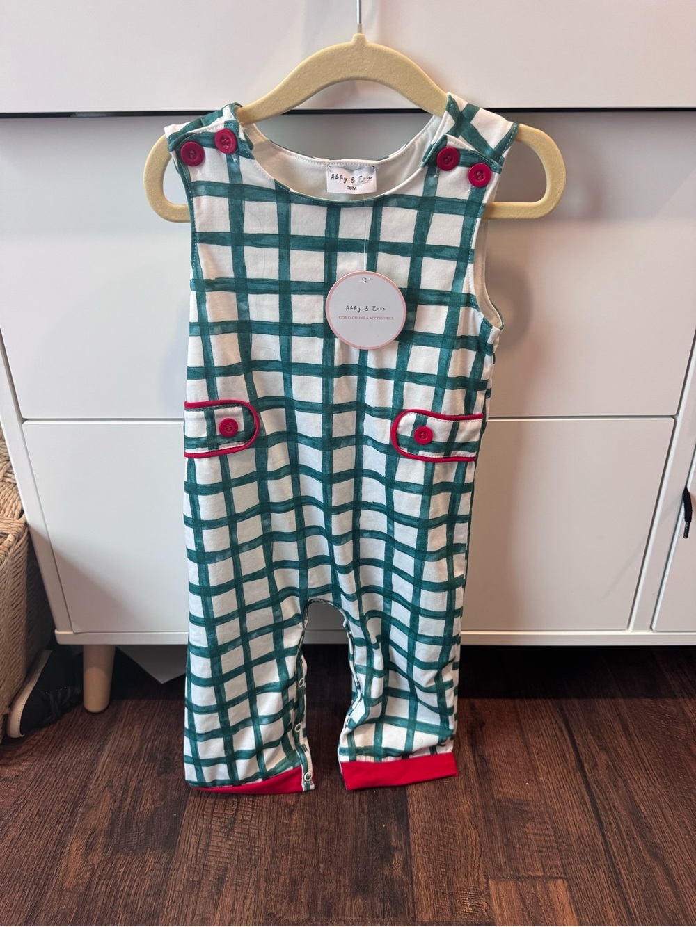 Green & White Plaid Baby Romper with Red Trim